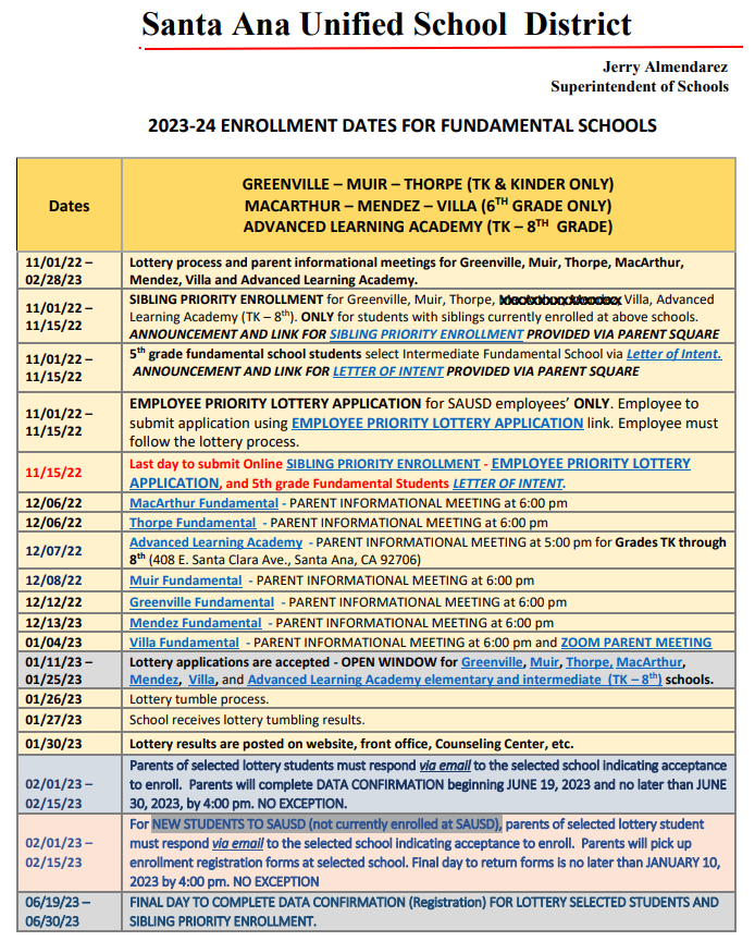 2023-24 ENROLLMENT DATES FOR FUNDAMENTAL SCHOOLS